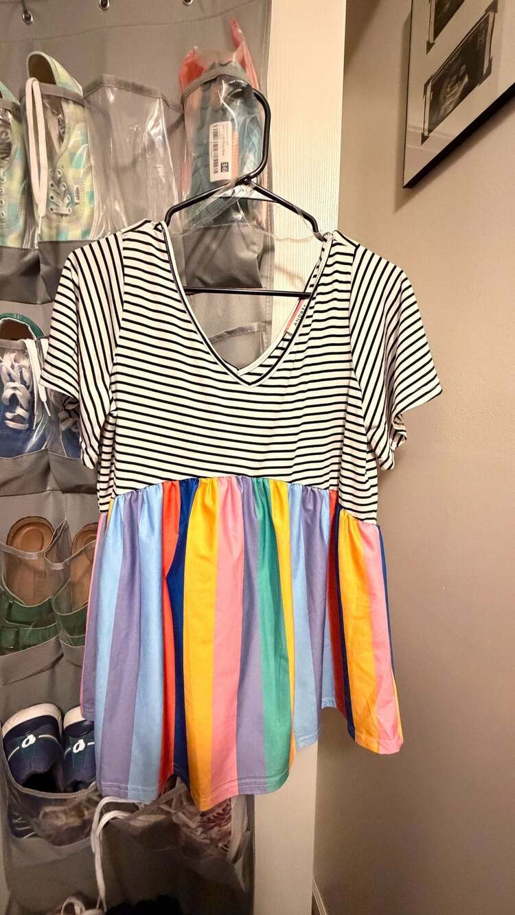 Black & White Striped V-Neck Babydoll Top with Rainbow Color Block Hem